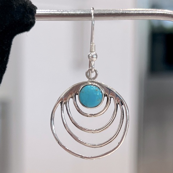 Santa Fe Style Kingman Turquoise Dangling Concentric Circle Earrings - Picture 3 of 8